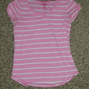 Girls Pink and white striped v neck with pocket